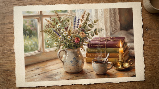 Naturaleza muerta con flores silvestres, libros y una taza de café frente a una ventana luminosa