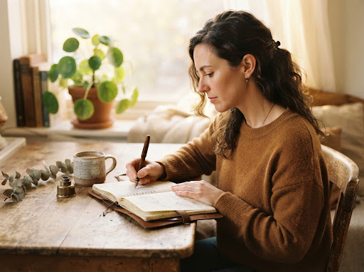 Retrato de Yeira escribiendo en un cuaderno junto a una taza de café